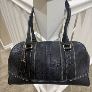 Coach leather bag, black with white contrast stitching.